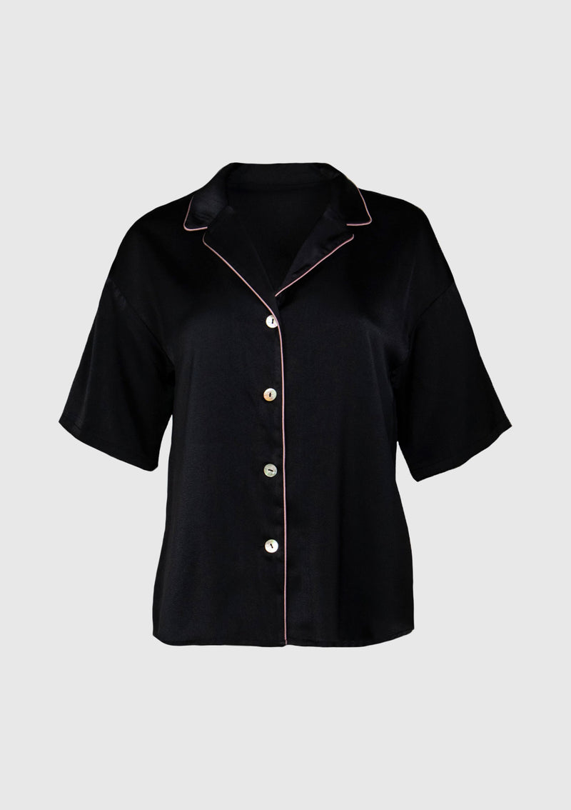 Contrast Piping Pyjama-Style Shirt in Black
