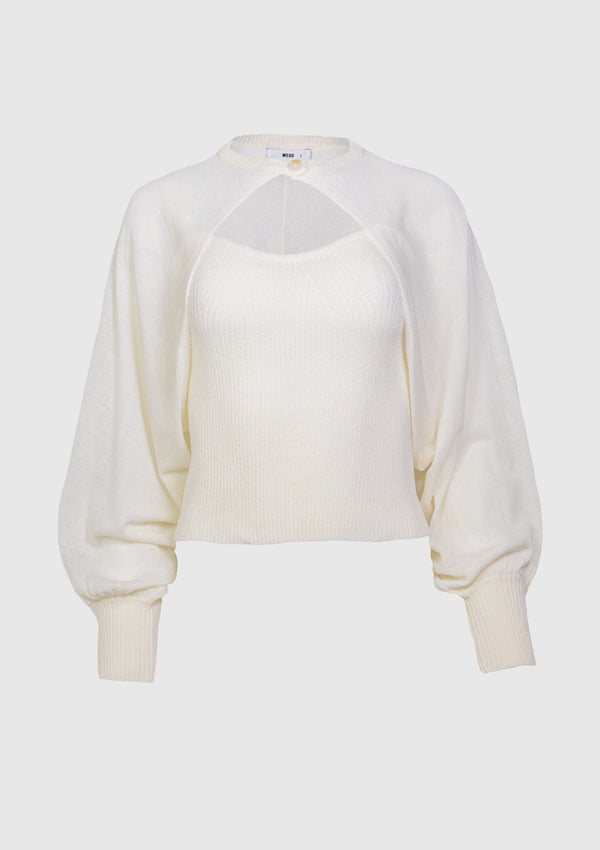 Single-Button Puff Long Sleeve Layered Pullover With Knit Camisole in Ivory