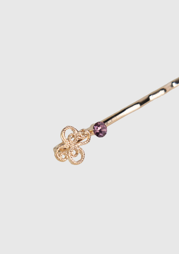 Ribbon x Flower With Diamante Hair Pin Set in Purple