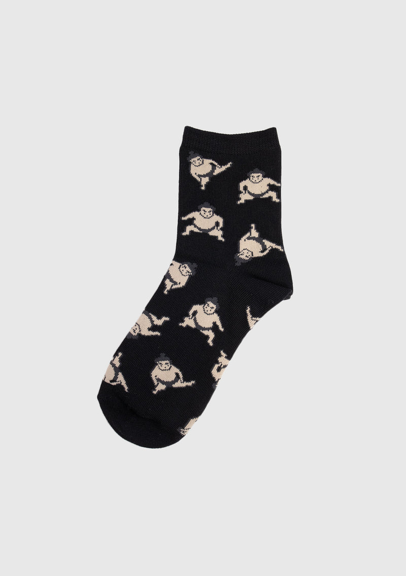 Sumo Motif Patterned Short Socks in Black Multi