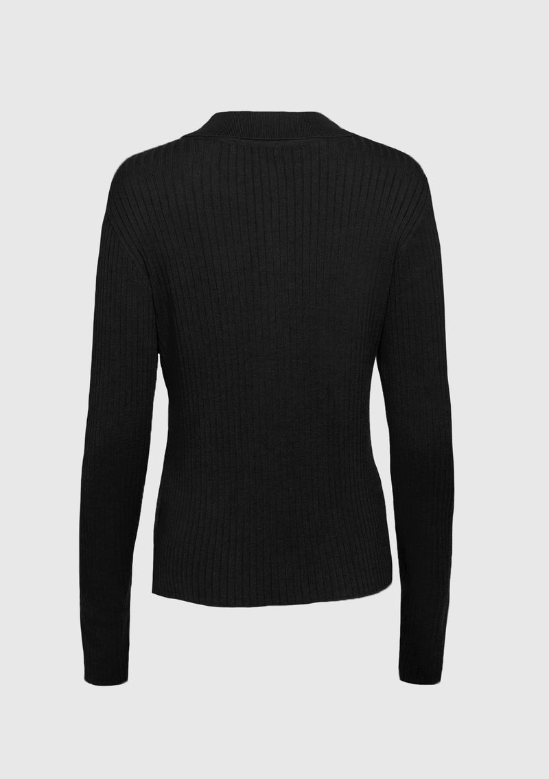 Wide Collar Long Sleeve Button Rib-Knit Pullover in Black