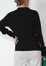 Wide Collar Long Sleeve Button Rib-Knit Pullover in Black