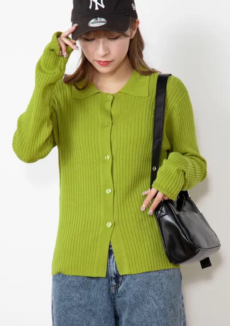 Wide Collar Long Sleeve Button Rib-Knit Pullover in Green