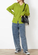 Wide Collar Long Sleeve Button Rib-Knit Pullover in Green